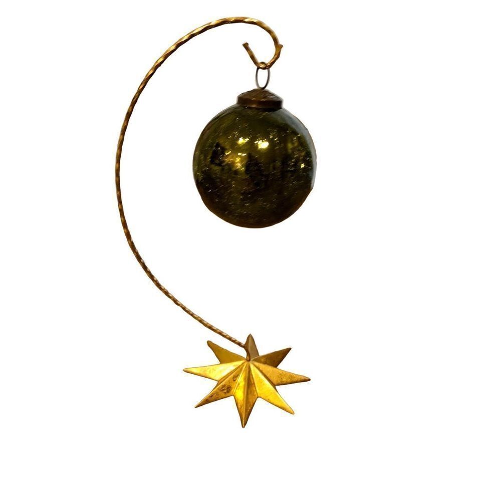 Antique German Large Glass Hanging Ball Ornament on Gold Star Stand
